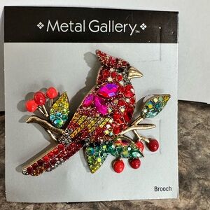 Metal Gallery Gold Tone Multicolor Rhinestones Cardinal Bird Brooch Pin New